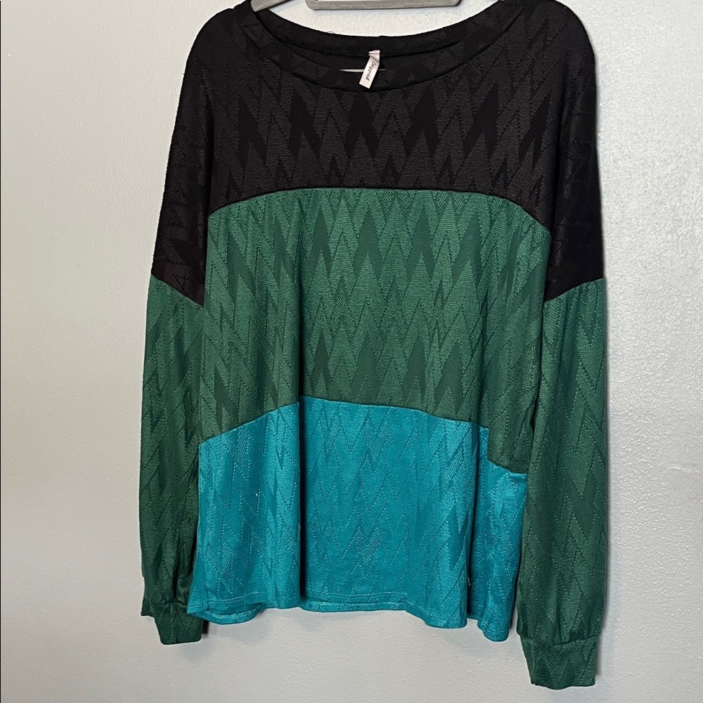Colorblock Long-Sleeve Blouse - Black, Green & Teal